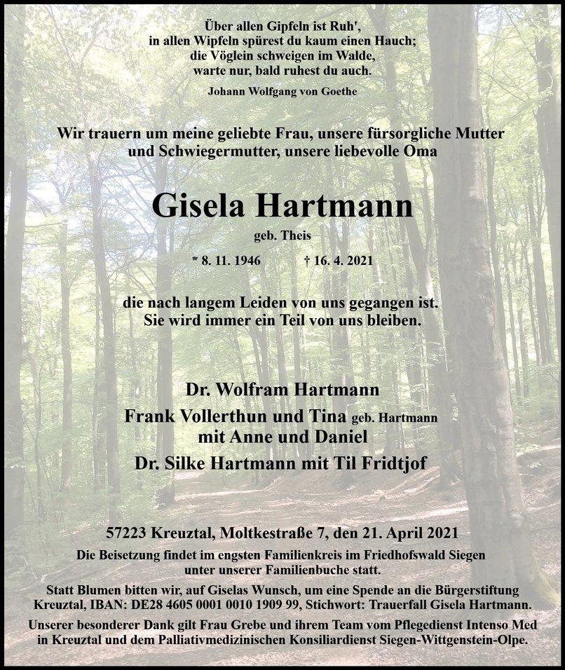 Anzeige(n) Hartmann, Gisela Kondolenz Bestattungshaus Giesler